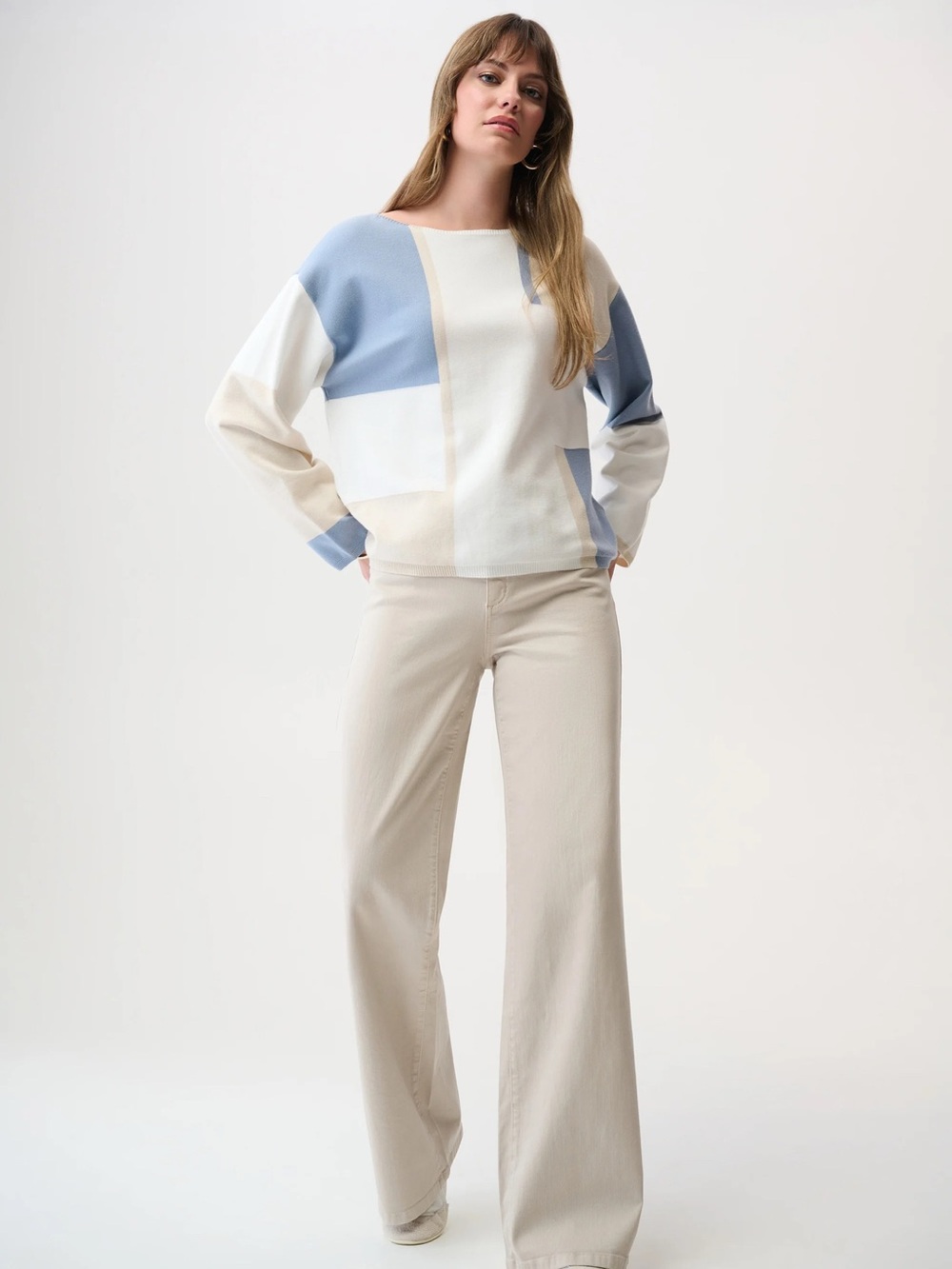 Joseph Ribkoff- 21997 Geometric Colorblock Crewneck Sweater - Light Blue & Cream - Picture 2 of 3